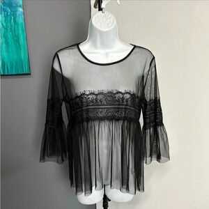 Women’s Small Black Sheer Blouse Floral Fairy Whimsigoth Dark Romantic Witchy‎